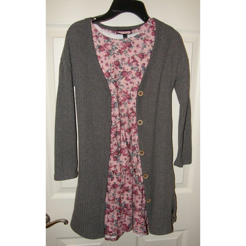 MOON & STARS Girls Sz 7/8 Floral Tiered Dress & Gray Cardigan Sweater 2 Pc Set